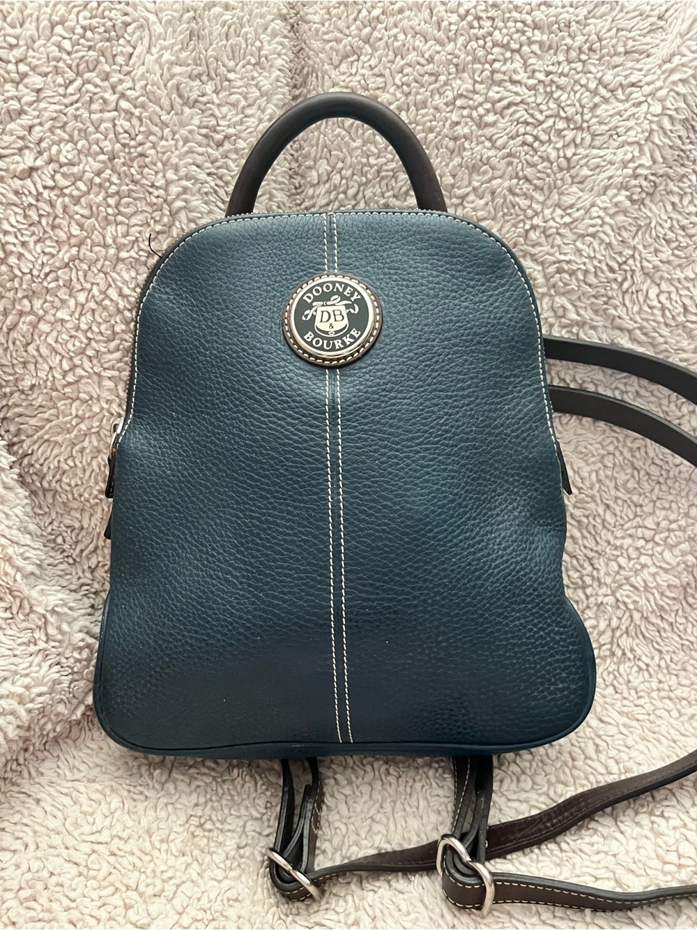 Dooney & Bourke Navy Pebbled Leather Mini Backpack with Contrast Stitching